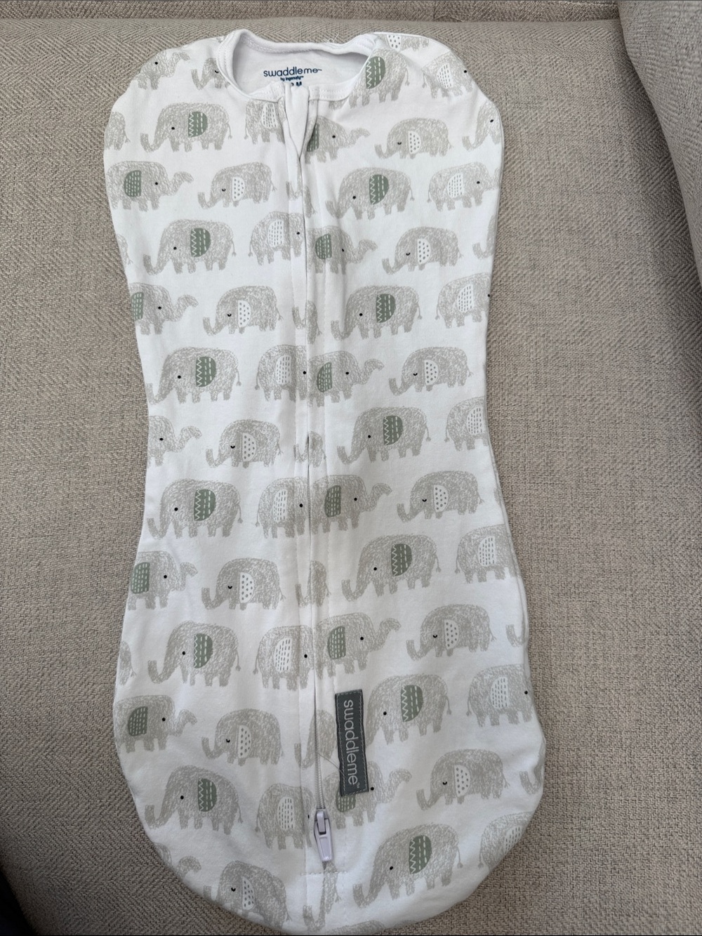 SwaddleMe Elephant Print Zip Swaddle - White & Sage